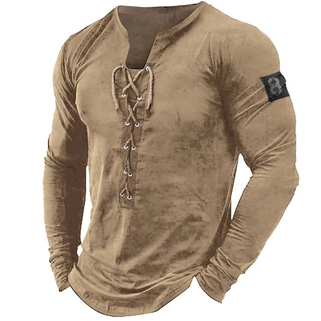 2024 New Men's Long Sleeve Henry Shirt Solid Color Lead Top Casual Beach Bottom Shirt Top