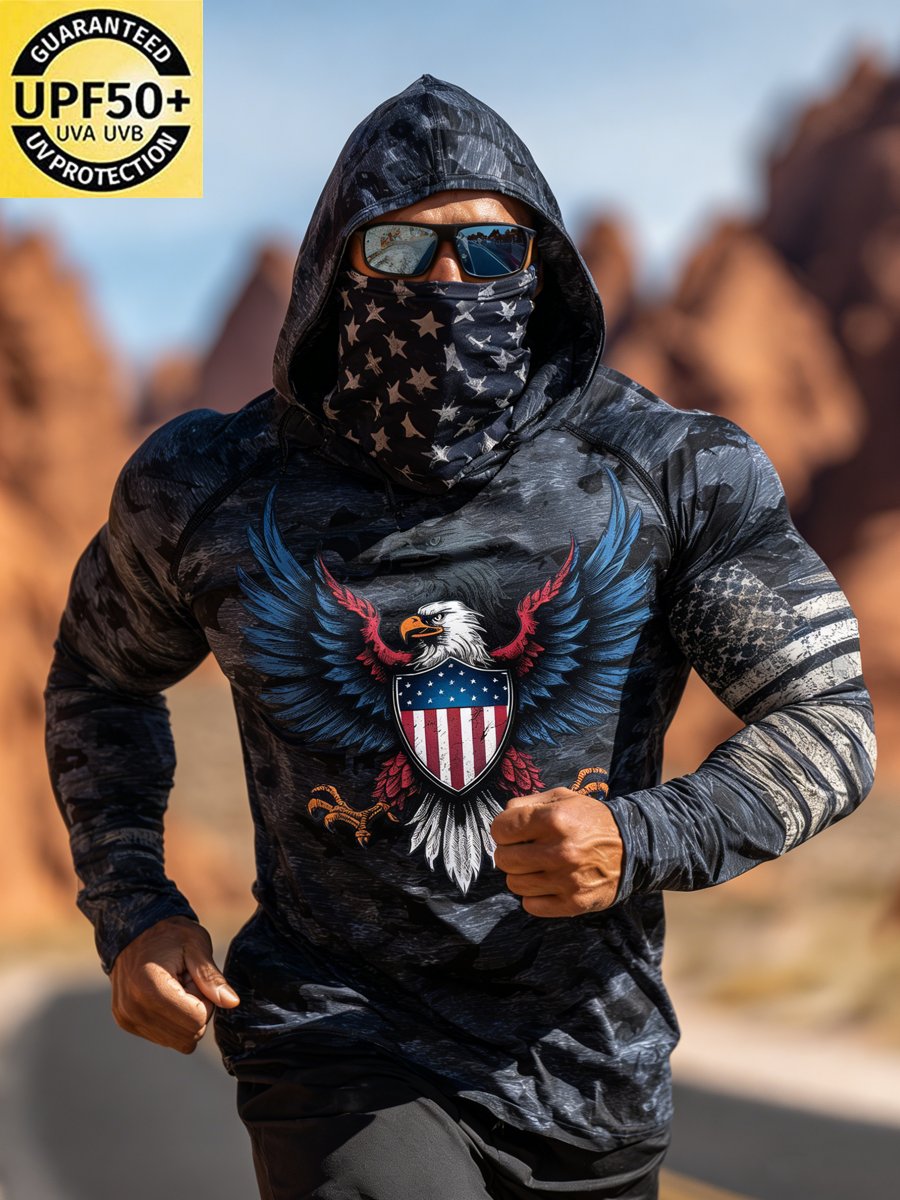Men's Outdoor Sun Protection Breathable Cool Face Mask Hooded Printed Long-Sleeved Top