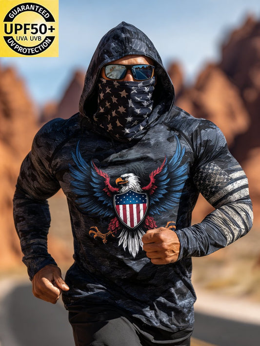 Men's Outdoor Sun Protection Breathable Cool Face Mask Hooded Printed Long-Sleeved Top