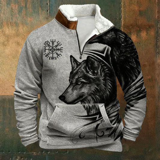 Celtic Winter Wolf Viking Style Sherpa Collar Half Zip Shirt