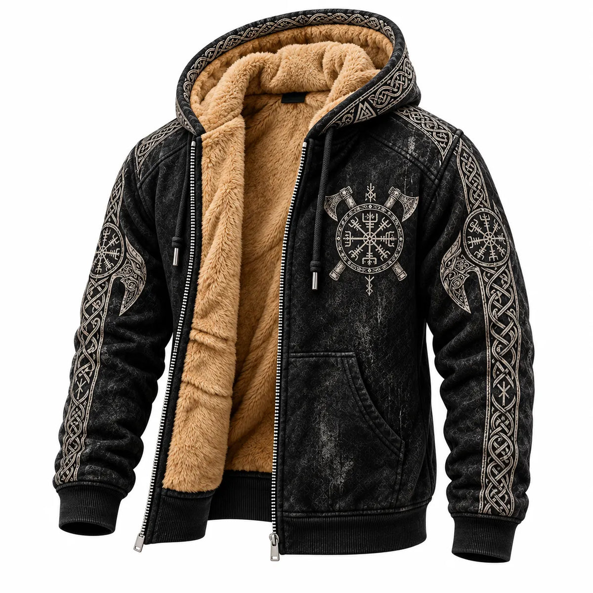 Black Viking Valhalla Shield Fleece Zip Hoodie