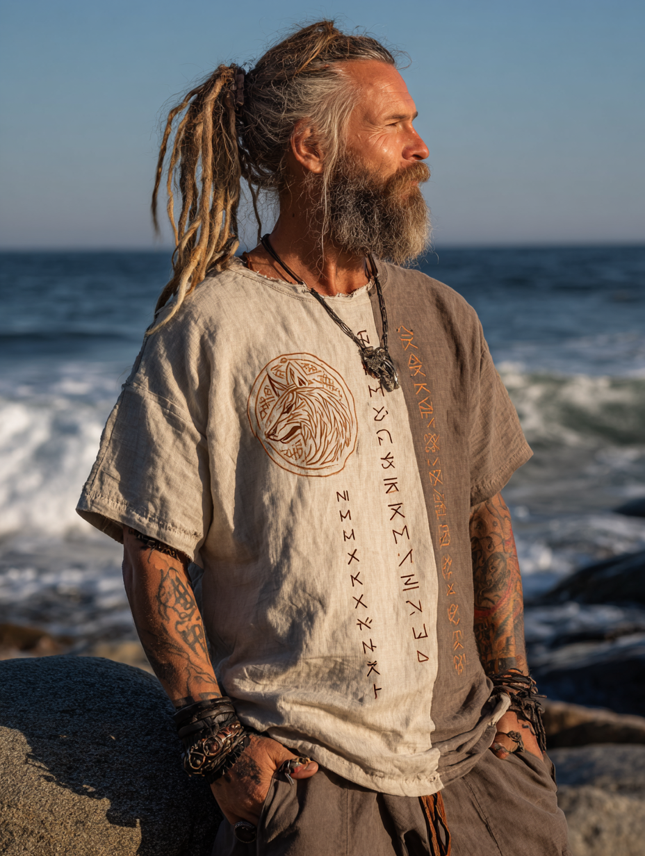 Men's Vintage Viking Distressed Wolf & Rune Design Linen Shirt