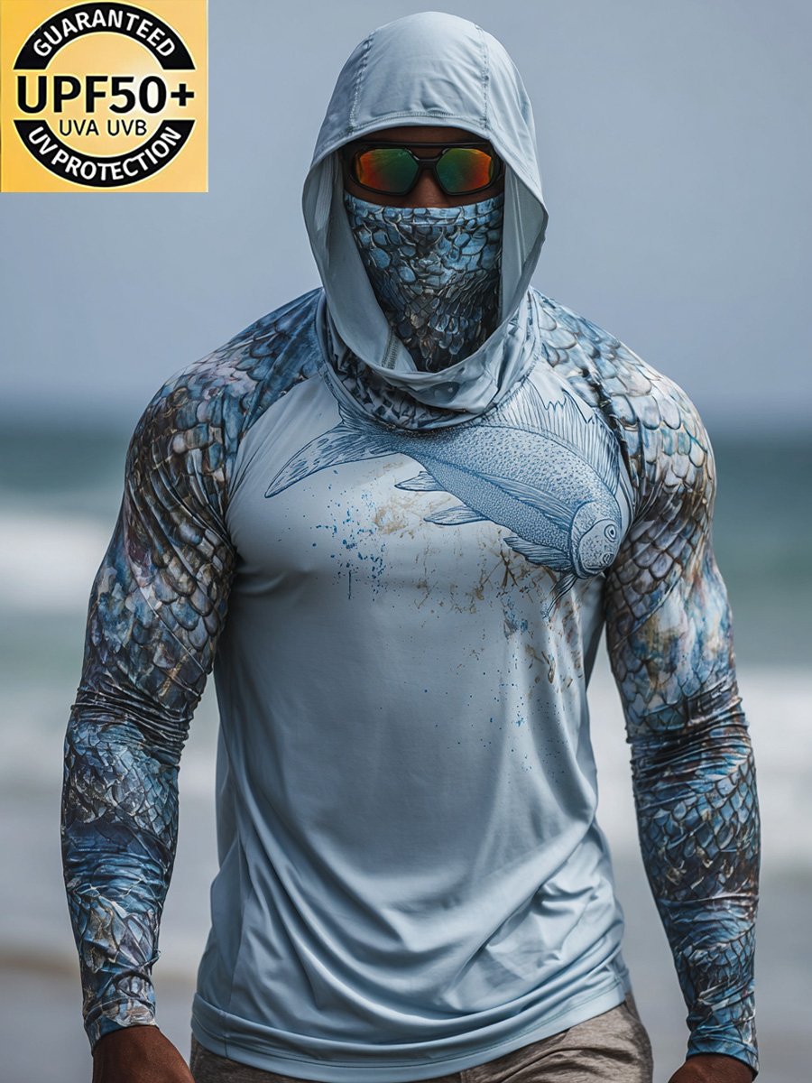 Men's Outdoor Sun Protection Breathable Cool Face Mask Hooded Printed Long-Sleeved Top