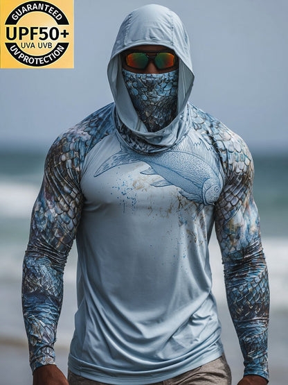 Men's Outdoor Sun Protection Breathable Cool Face Mask Hooded Printed Long-Sleeved Top