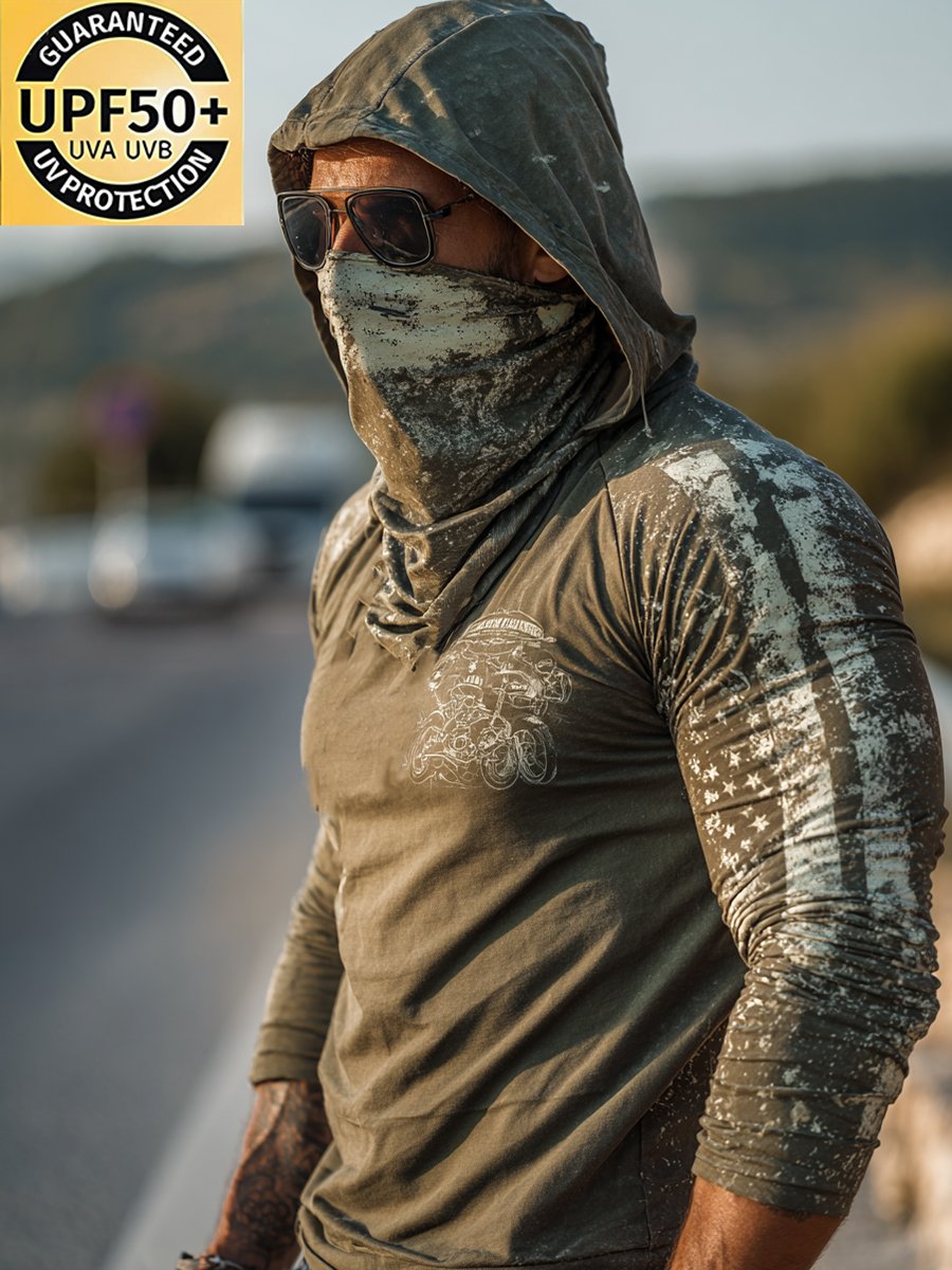 Men's Retro Flag Print Outdoor Sun Protection Breathable Cooling Mask Hooded Sun Protection Long Sleeve Top