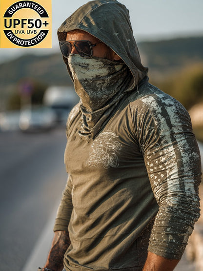 Men's Retro Flag Print Outdoor Sun Protection Breathable Cooling Mask Hooded Sun Protection Long Sleeve Top