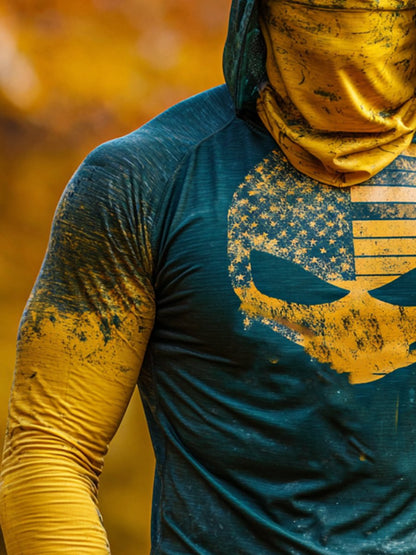 Men's Retro Outdoor Sun Protection Breathable Cooling Mask Hooded Sun Protection Long Sleeve Top
