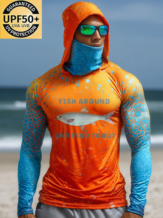 Men's Outdoor Sun Protection Breathable Cool Face Mask Hooded Printed Long-Sleeved Top