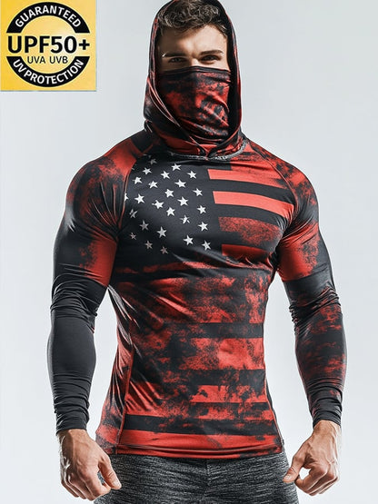 Men's Outdoor Sun Protection Breathable Cool Mask American Flag Print Hooded Sun Protection Long Sleeve Top