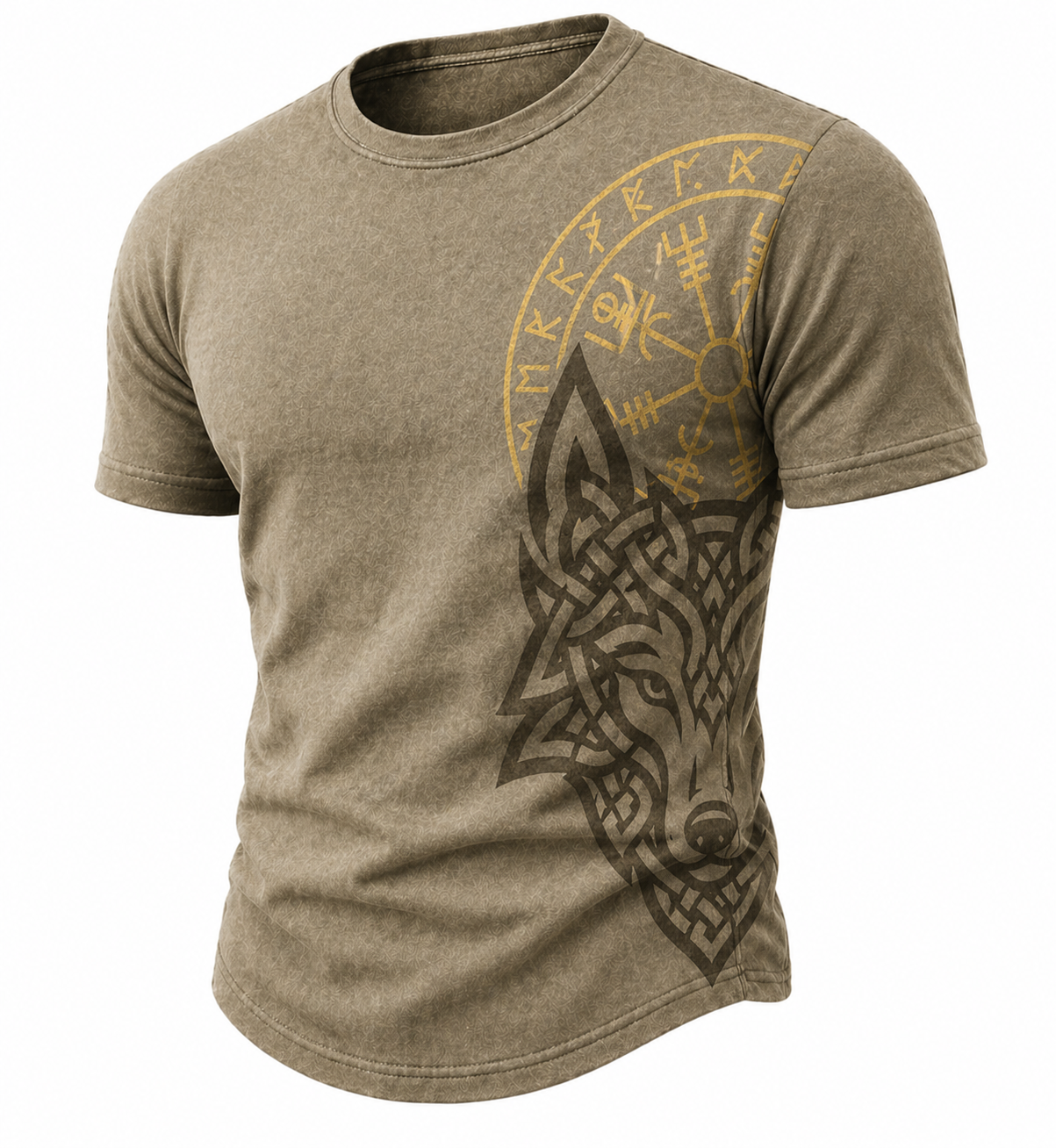 Men's Norse Wolf & Runic Circle Graphic T-Shirt - Khaki Vintage Short Sleeve Tee