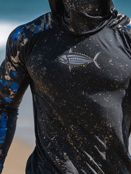 Men's Outdoor Sun Protection Breathable Cool Face Mask Hooded Printed Long-Sleeved Top