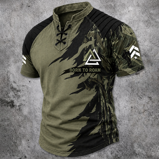 Men's Tactical Distressed Graphic Lace-Up Henley T-Shirt - Olive Green Short Sleeve with Ribbed Yoke