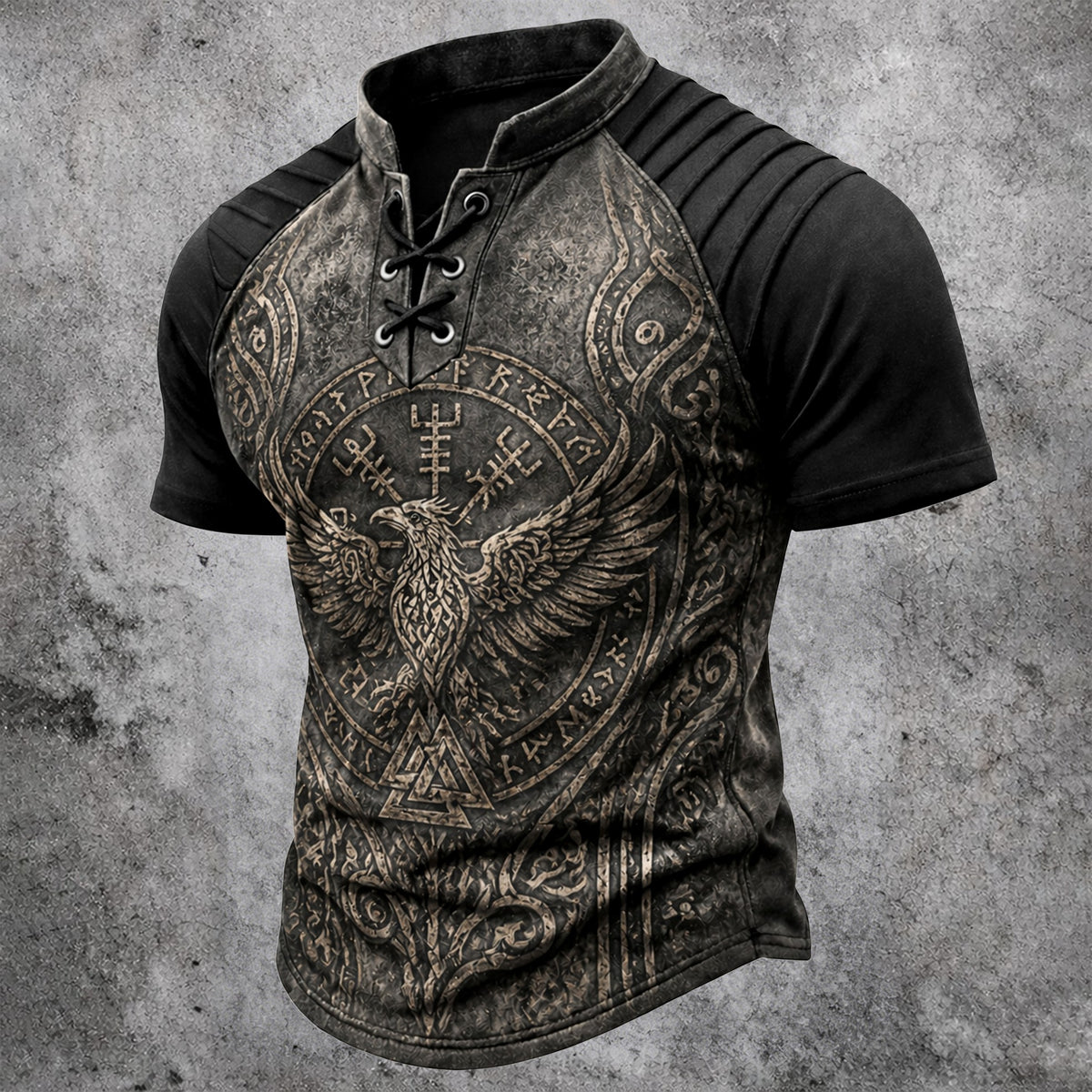 Men's Norse Viking Eagle Print Henley Shirt - Vintage Lace-Up Short Sleeve Tee