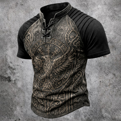 Men's Norse Viking Eagle Print Henley Shirt - Vintage Lace-Up Short Sleeve Tee