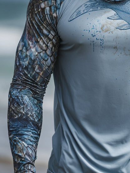 Men's Outdoor Sun Protection Breathable Cool Face Mask Hooded Printed Long-Sleeved Top