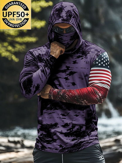 Men's Outdoor Sun Protection Breathable Cool Mask American Flag Print Hooded Sun Protection Long Sleeve Top