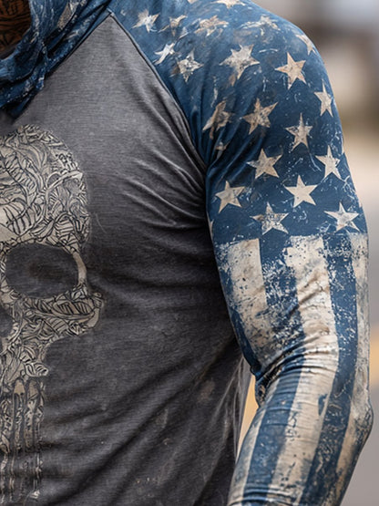 Men's Retro Skull Flag Outdoor Sun Protection Breathable Cooling Mask Hooded Sun Protection Long Sleeve Top