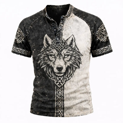 Men's Norse Wolf Graphic Henley Shirt - Two-Tone Distressed Short Sleeve Top