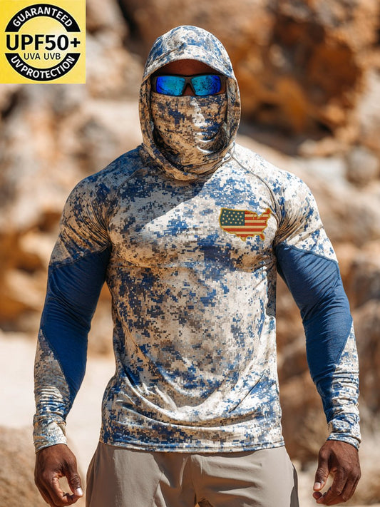 Men's Outdoor Sun Protection Breathable Cool Face Mask Hooded Printed Long-Sleeved Top