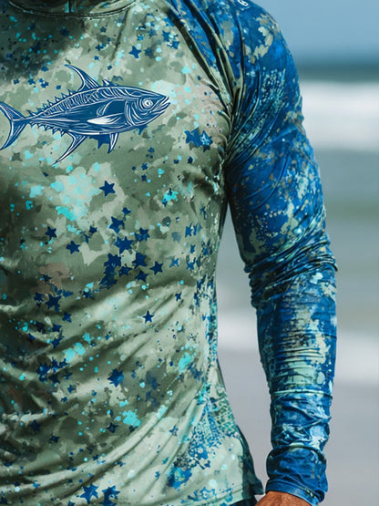 Men's Outdoor Sun Protection Breathable Cool Face Mask Hooded Printed Long-Sleeved Top