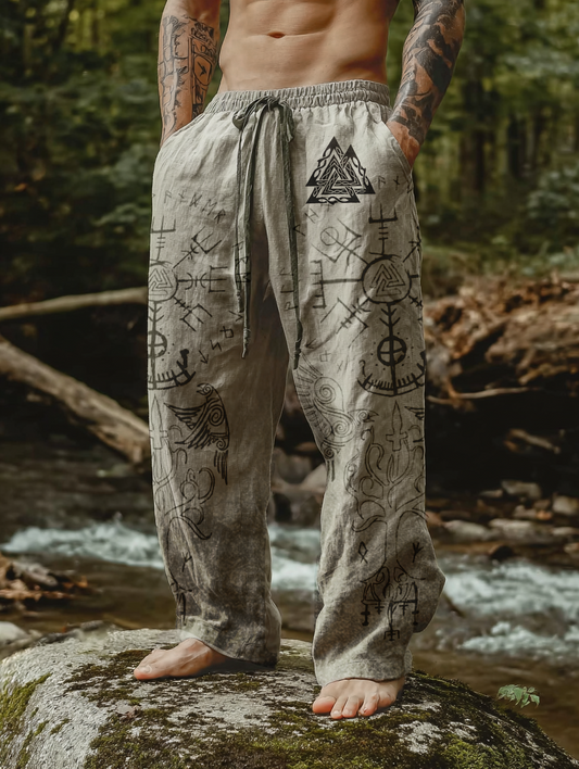 Men's Viking Raven Tribal Totem Vintage Nordic Casual Linen Pants