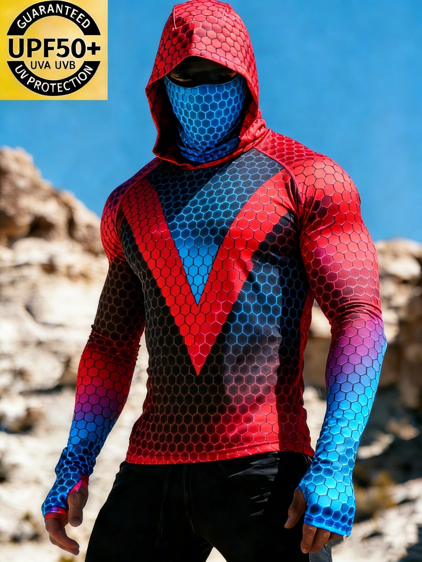 Men's Geometric Honeycomb Color-blocking Sun Protection Print Top