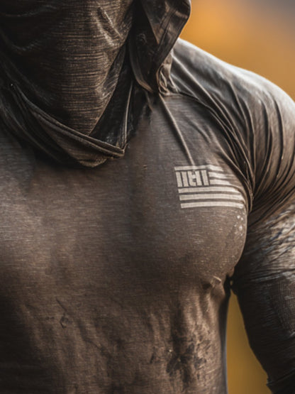 Men's Retro Brown Outdoor Sun Protection Breathable Cool Mask Hooded Sun Protection Long Sleeve Top