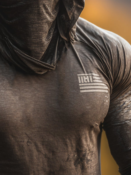 Men's Retro Brown Outdoor Sun Protection Breathable Cool Mask Hooded Sun Protection Long Sleeve Top