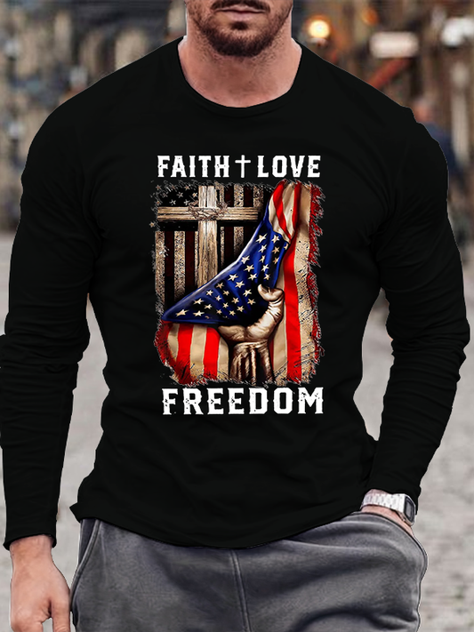Flag Faith Love Freedom Cotton Long Sleeve T-Shirt