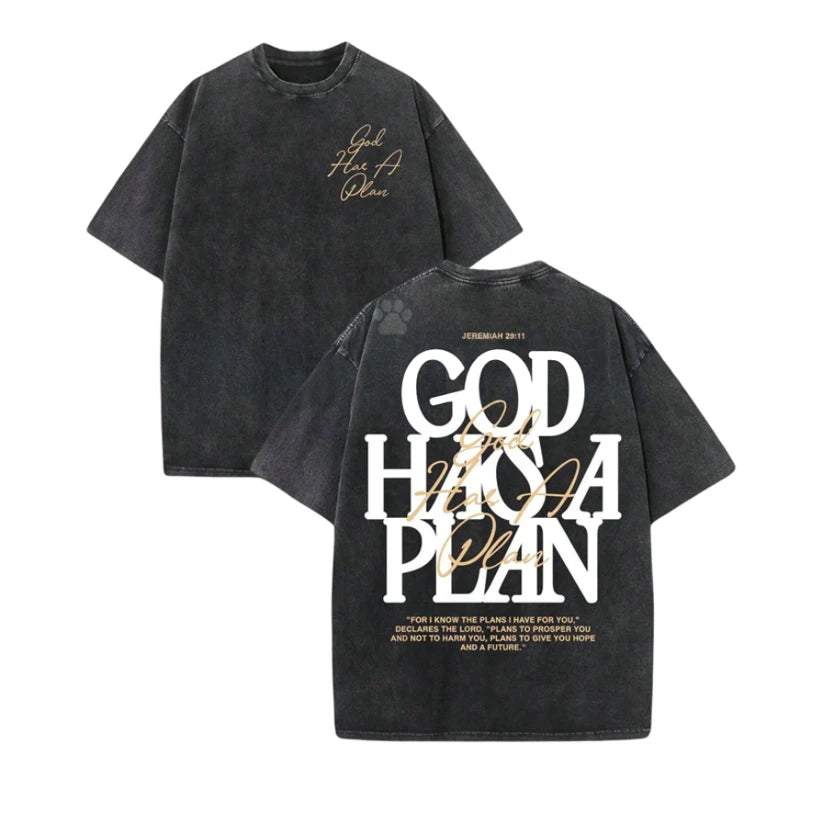 "God Has A Plan" Double Sided T-Shirt – Retro Washed Christian Letter Print, 230 GSM Cotton