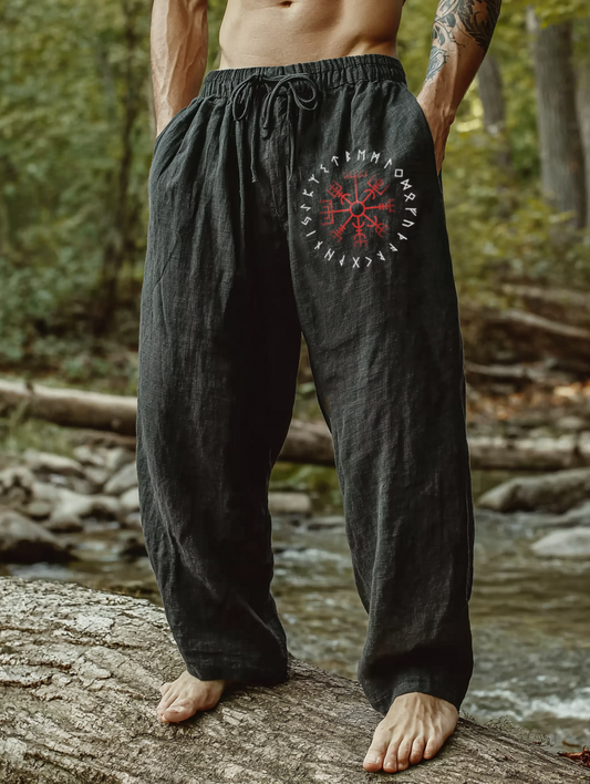 Men's Viking Raven Tribal Rune Totem Retro Nordic Casual Linen Pants