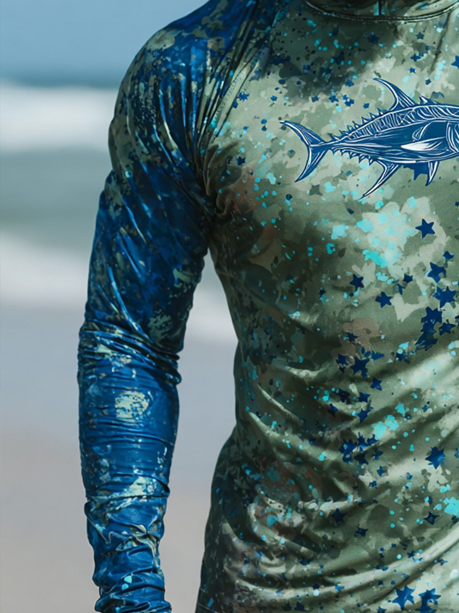 Men's Outdoor Sun Protection Breathable Cool Face Mask Hooded Printed Long-Sleeved Top
