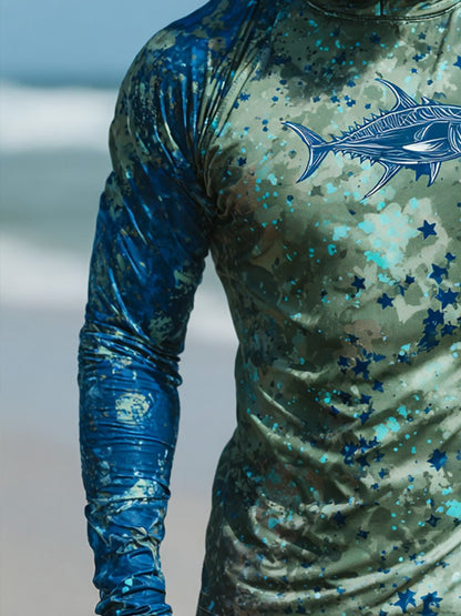 Men's Outdoor Sun Protection Breathable Cool Face Mask Hooded Printed Long-Sleeved Top