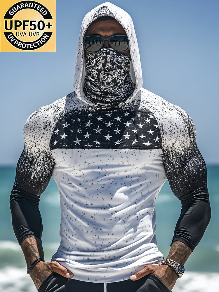 Men's Outdoor Sun Protection Breathable Cool Mask American Flag Print Hooded Sun Protection Long Sleeve Top