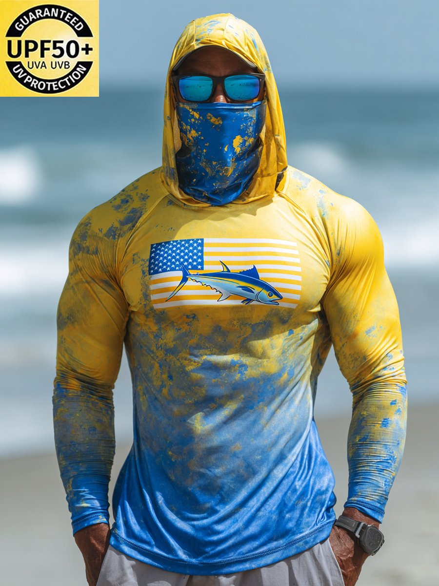 Men's Outdoor Sun Protection Breathable Cool Face Mask Hooded Printed Long-Sleeved Top