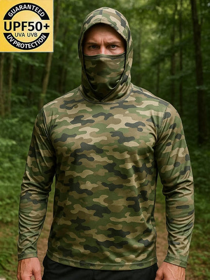 Men's Outdoor Sun Protection Breathable Cool Hunting Camouflage Mask Hooded Sun Protection Long-Sleeved Top