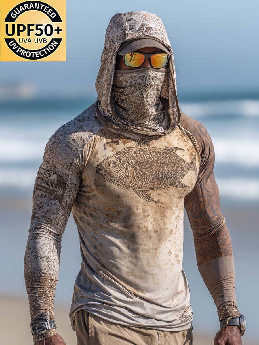 Men's Outdoor Sun Protection Breathable Cool Face Mask Hooded Printed Long-Sleeved Top
