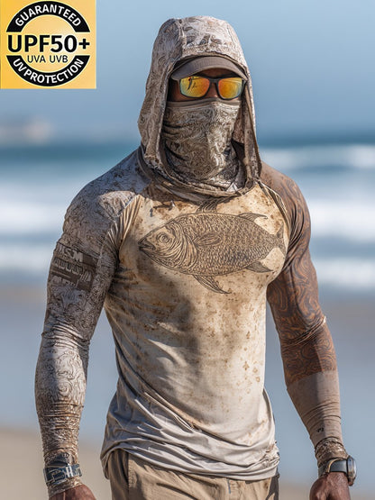 Men's Outdoor Sun Protection Breathable Cool Face Mask Hooded Printed Long-Sleeved Top