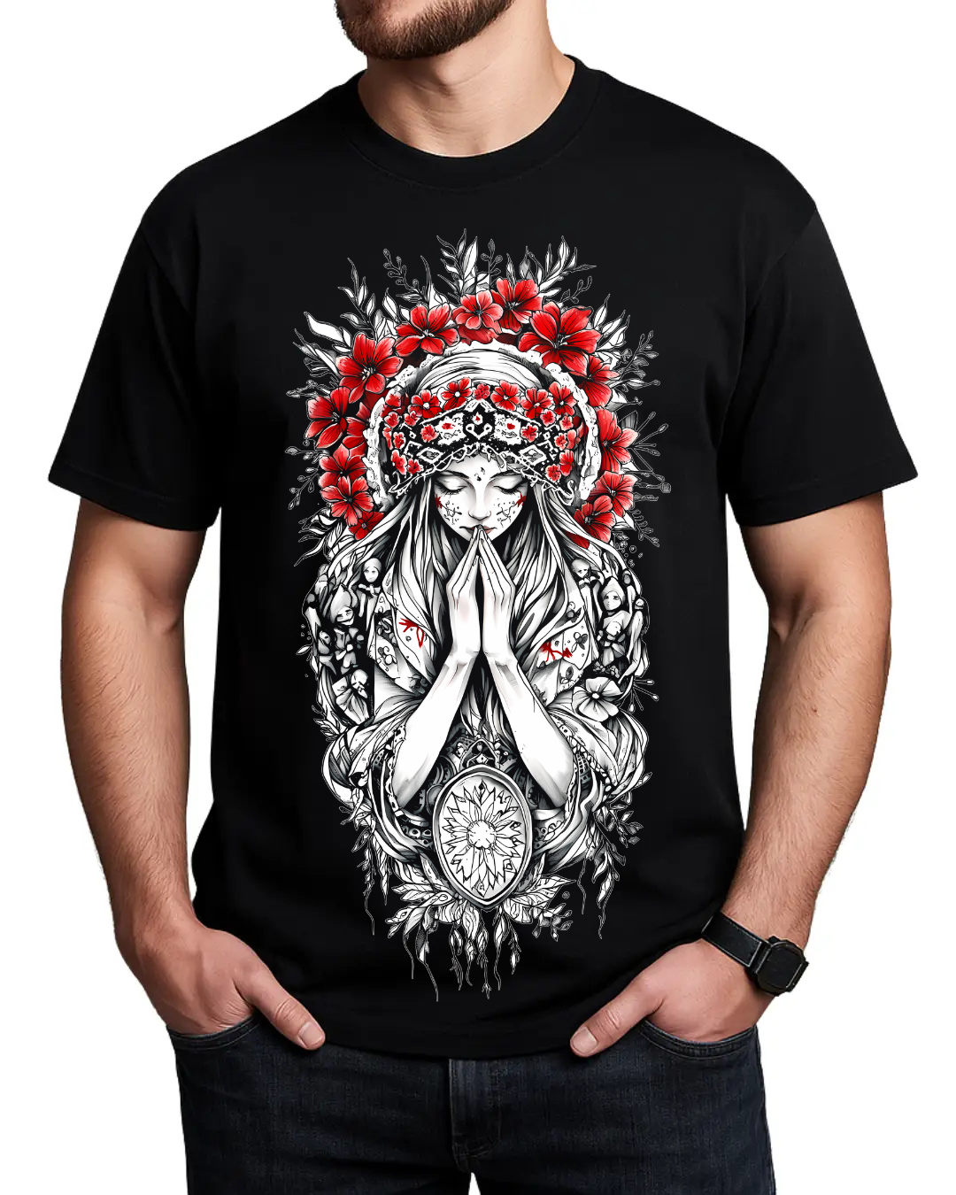 Christian Cross & Virgin Mary Double Printed Tee