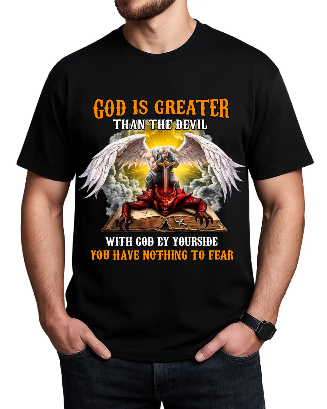 GOD IS GREATER THAN THE DEVIL WITH GOD BY YOURSIDE YOU HAVE NOTHING TO FEAR V-Neck T-Shirt