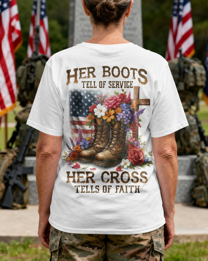 Her Boots Tell of Service Her Cross Tells of Faith T-Shirt