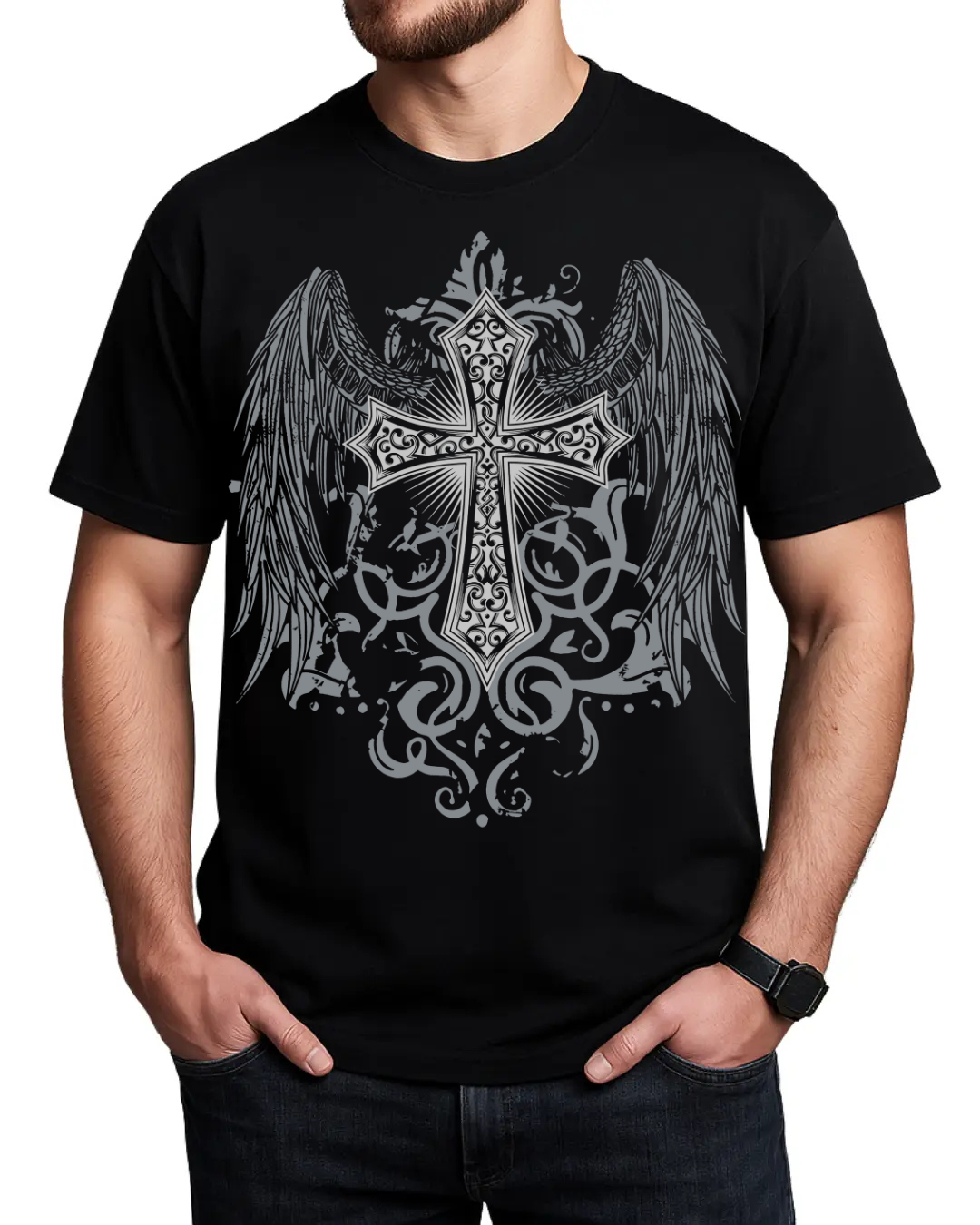 Gothic Angel Wings Cross Graphic Men's Unisex Streetwear T-Shirt