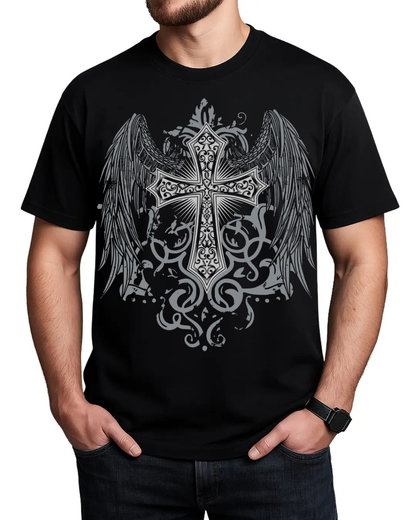 Gothic Angel Wings Cross Graphic Men's Unisex Streetwear T-Shirt