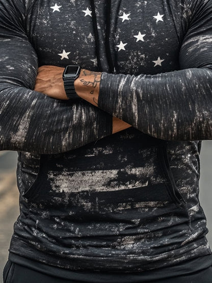 Men's Outdoor Sun Protection Breathable Cool Mask American Flag Print Hooded Sun Protection Long Sleeve Top
