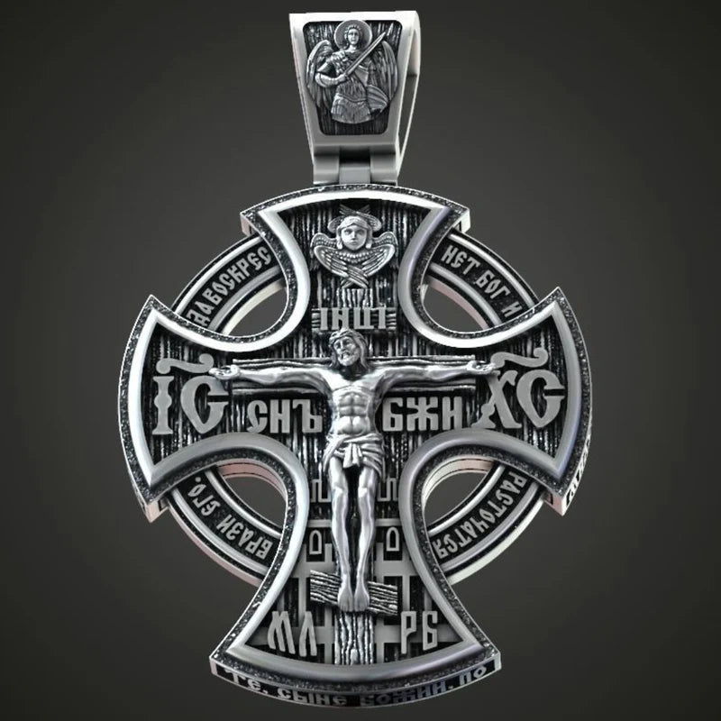 Michael Archangel and Crucifixion Front and Back Engraved 925K Sterling Silver Pendant Necklace