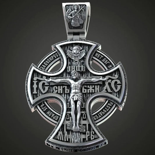 Michael Archangel and Crucifixion Front and Back Engraved 925K Sterling Silver Pendant Necklace