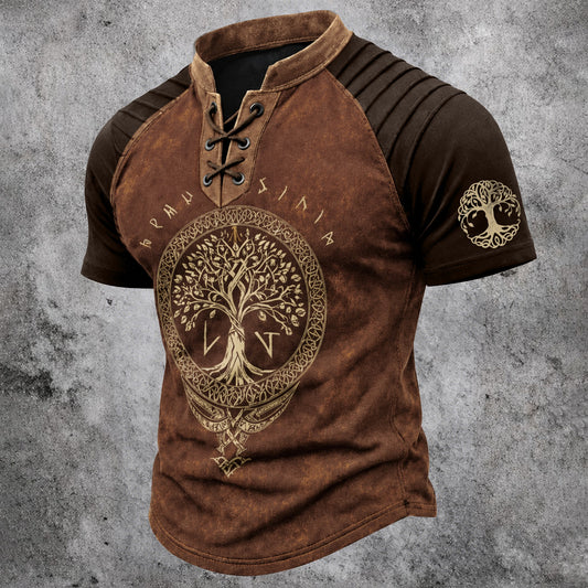 Men's Tree of Life Print Short Sleeve Henley T-Shirt - Viking Distressed Casual Top