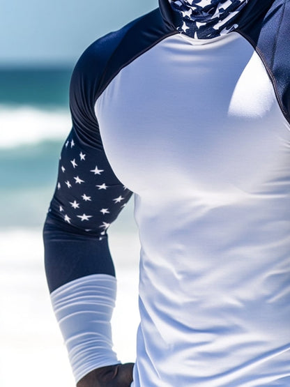 Men's Outdoor Sun Protection Breathable Cool Mask American Flag Print Hooded Sun Protection Long Sleeve Top