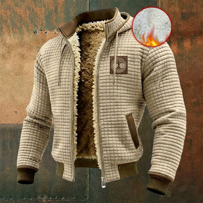 Men's Thermal Grid Jacket Viking Yggdrasill Totem Fleece Shearling & Structured Waffle Zip-Up Hoodie