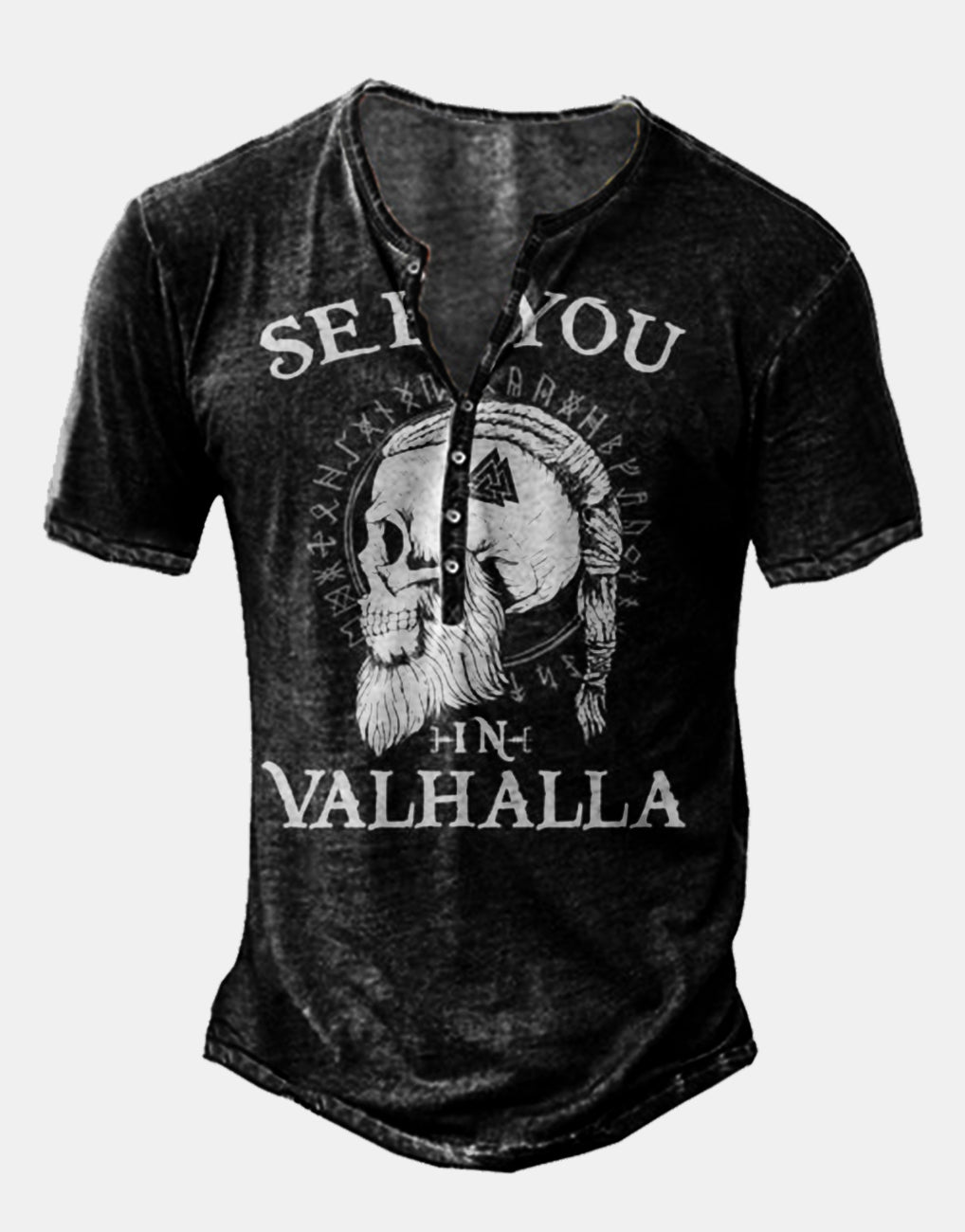 Men's Vintage Viking Print Short Sleeve Henley T-Shirt